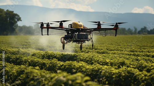 Farmer technicians remotely fly agricultural drones to fly to spray fertilizer in fields. Generative AI © coco