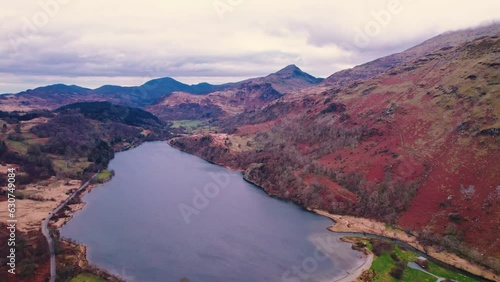 birds-eye view of Llyn Peris Lake, formed glacially and is an example of a moraine-dammed lake, UK. High quality 4k footage photo