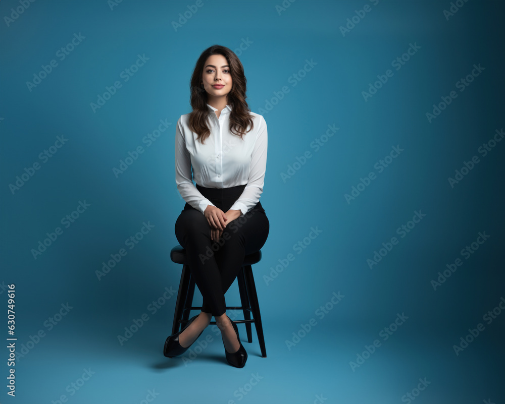 Business woman isolated in front of blue background. Copyspace. Business woman isolated in front of blue background. Copyspace.