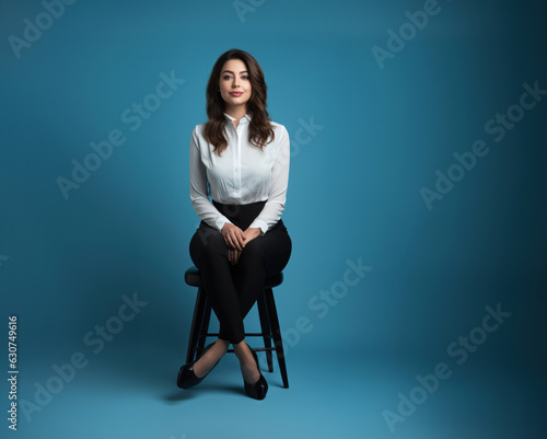 Business woman isolated in front of blue background. Copyspace.