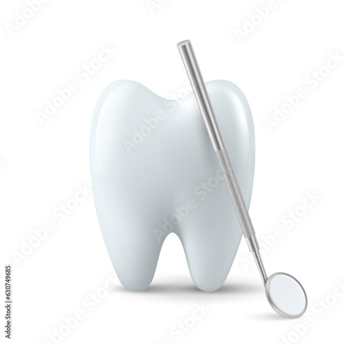 Vector 3d Realistic Dental Inspection Mirror for Teeth with Tooth Icon Closeup Isolated on White Background. Medical Dentist Tool. Design Template, Clipart. Dental Health Concept