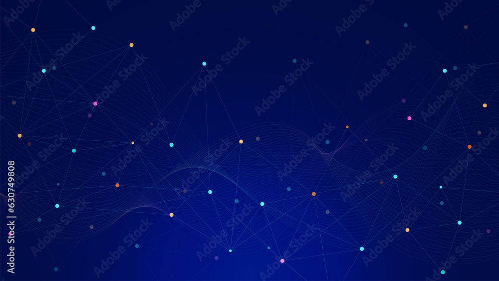 Fototapeta premium Abstract connected colorful points and lines or triangle space low poly. Big data visualization, network connection and communication technology background.