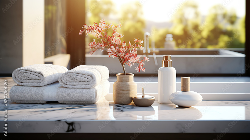 Empty Tabletop Product on Table Bathroom Interior with Blurred Background. Generative AI Empty Tabletop Product on Table Bathroom Interior with Blurred Background. Generative AI