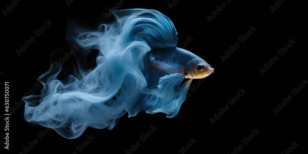 Fototapeta premium Blue Golden Fish with Smoky Tail