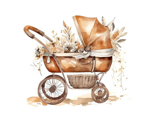 watercolor painting illustration of baby stroller full of flowers