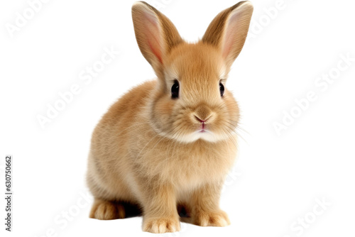 A young rabbit, with an adorable appearance, is seen from the front while standing alone on a white background. It showcases an endearing pose. © AkuAku