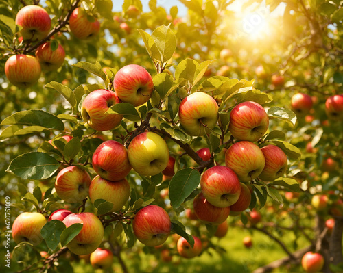 Red apples on a tree, apple garden in sunny day, ripe fruits, prune, AI Generative