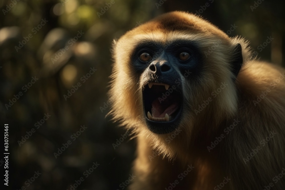 Fototapeta premium Angry roaring Gibbon, ape family, Generative Ai