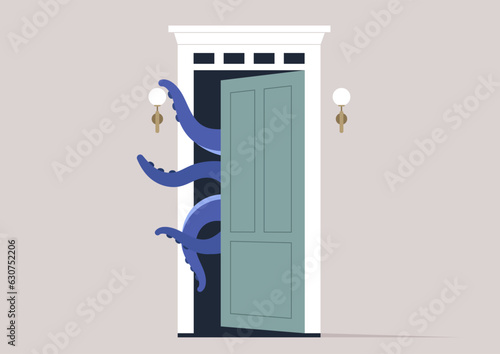 A portrayal of psychological trauma as a menacing octopus attempting to force its way in through the entrance, its eerie tentacles reaching out