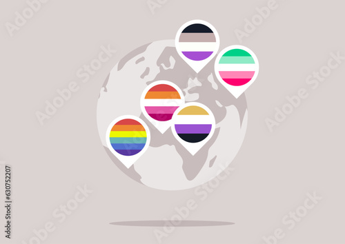 A globe highlighting LGBTQ+ inclusive destinations with pins colored as pride flags, embodying the concept of safe spaces all over the world