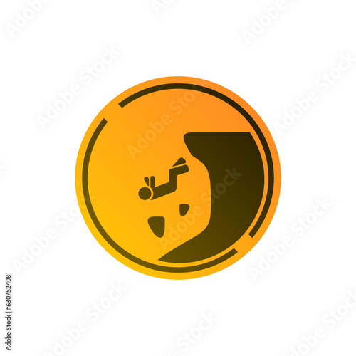 Warning Unstable Cliff Sign on yellow orange circular board in trendy colorful icon vector illustration. Beware the abyss. Top choice editable graphics resources for many purposes.