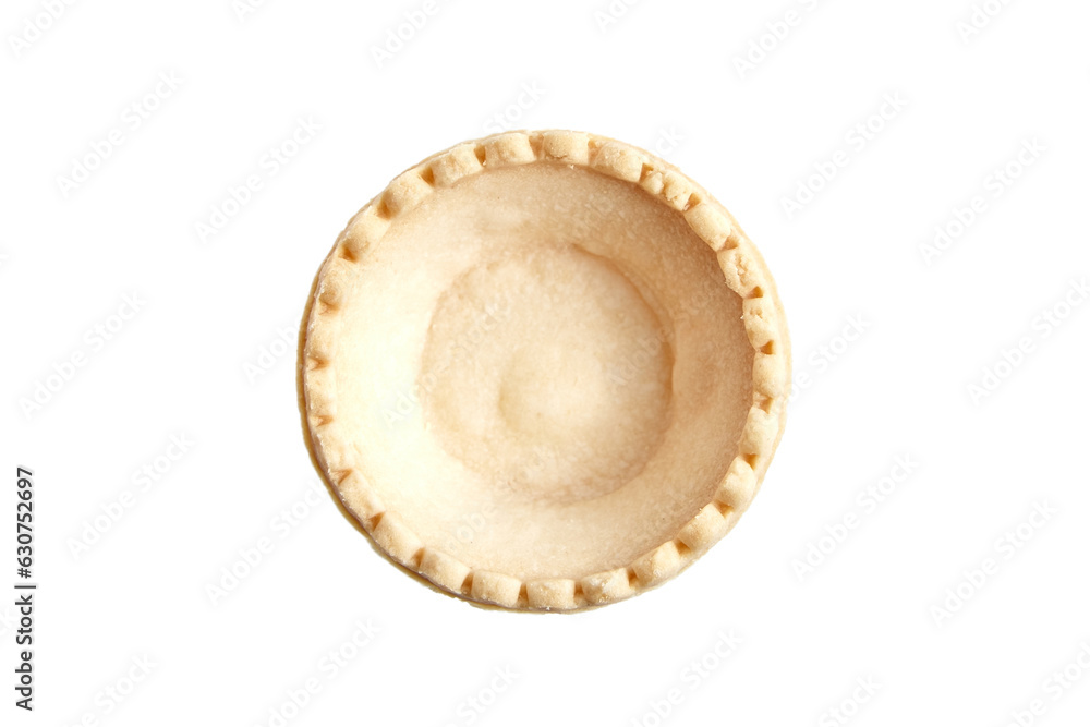 Unfilled tartlet shell isolated on white background. Empty tartlet cup. Isolated pastry shell for dessert innovation, top view Unfilled tartlet shell isolated on white background. Empty tartlet cup. Isolated pastry shell for dessert innovation, top view