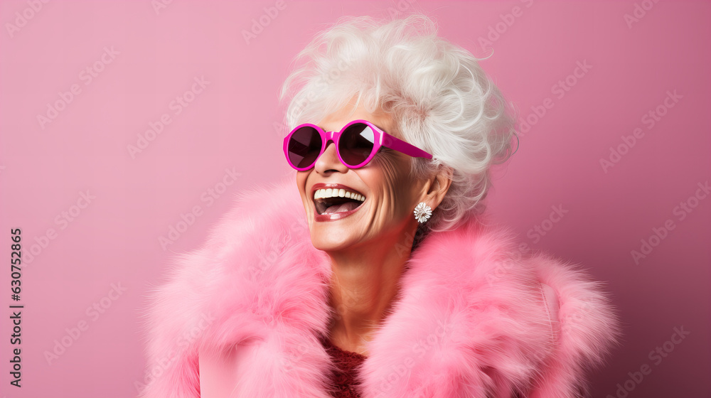 Old happy woman with pink dress and sunglasses on pink background ai generated Old happy woman with pink dress and sunglasses on pink background ai generated