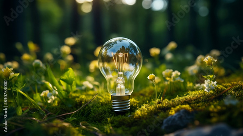 An enchanting eco-friendly lamp emitting a warm glow, rooted in lush green grass. Harmony of technology and nature. Perfect for sustainable energy concepts.