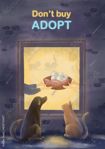 world animal adoption day. homeless and sad pet, dog and cat sit in the rain and looking in to the window, where peaple buying puppies, and waiting for adoption photo