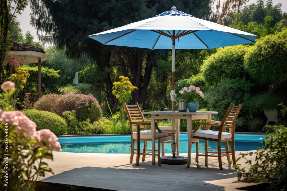 Cafe table with chair and parasol umbrella in the garden