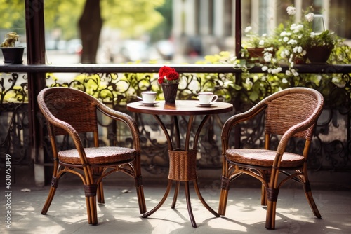 Wicker chairs and a metal table in an outdoor summer cafe