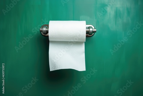 A white roll of soft toilet paper neatly hanging on a modern chrome holder. photo