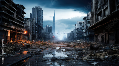 Fotografia Abandoned broken big city with skyscrapers after a disaster, tornado, earthquake or war