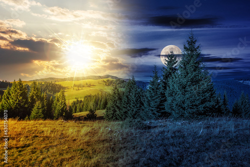 Autumn landscape in mountains of Romania with sun and moon at twilight. Conifer forest on hillsides of Apuseni National Park. day and night time change concept. mysterious scenery in morning light © Pellinni
