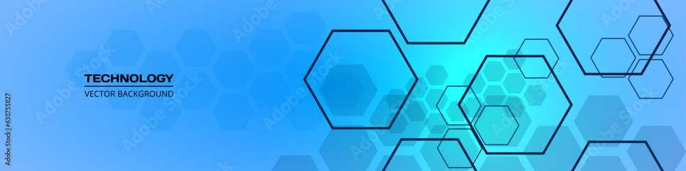 Abstract blue hexagon vector background. Innovation medicine, science, technology and health care concept wide background. Abstract hexagonal blue medical banner. Vector illustration