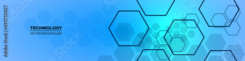 Abstract blue hexagon vector background. Innovation medicine, science, technology and health care concept wide background. Abstract hexagonal blue medical banner. Vector illustration