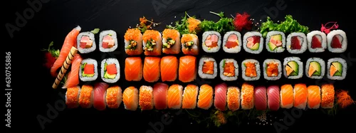 Obraz  z motywem Assorted sushi, rolls and maki big set on dark background A variety of Japanese sushi with tuna, crab, salmon, eel and rolls. Top view
