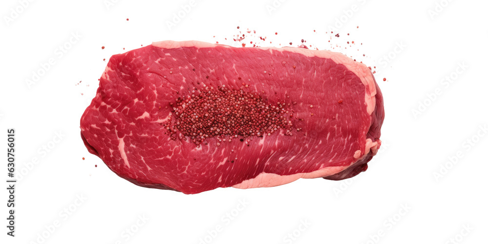 A raw beef steak seasoned with spices and placed alone on a white background, viewed from above. A raw beef steak seasoned with spices and placed alone on a white background, viewed from above.