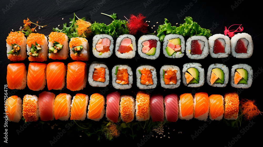Assorted sushi, rolls and maki big set on dark background A variety of Japanese sushi with tuna, crab, salmon, eel and rolls. Top view Assorted sushi, rolls and maki big set on dark background A variety of Japanese sushi with tuna, crab, salmon, eel and rolls. Top view