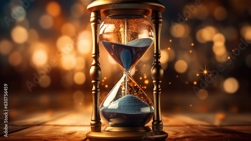 Vintage hourglass representing the concept of time and pacing, slow, sands of time with bokeh background. Generative AI