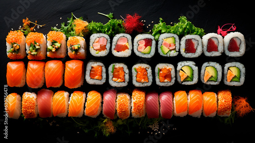 Assorted sushi, rolls and maki big set on dark background A variety of Japanese sushi with tuna, crab, salmon, eel and rolls. Top view © petrrgoskov