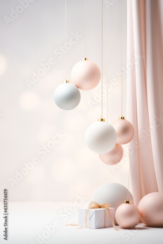 Pastel Christmas bulbs and present with golden bow beside light pink curtain. Minimal pastel Christmas background.