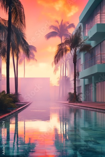 A cityscape with palm trees  in vaporwave colours. Minimal summer concept.  © Hope.and.fun