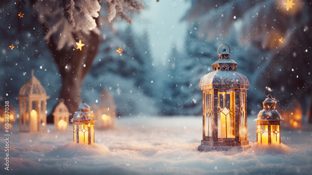 Christmas Lantern in snow with winter forest background. Winter decoration background with christmas lights. Christmas Lantern in snow with winter forest background. Winter decoration background with christmas lights.