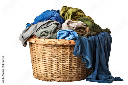 Dirty laundry on a white background within a clothes container.