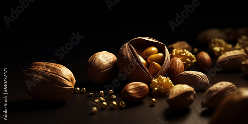Mix of different kinds of nuts on on black background close-up shot. pistachios. Top view. Copy space. Healthy food composition. Macro shot.Generative ai