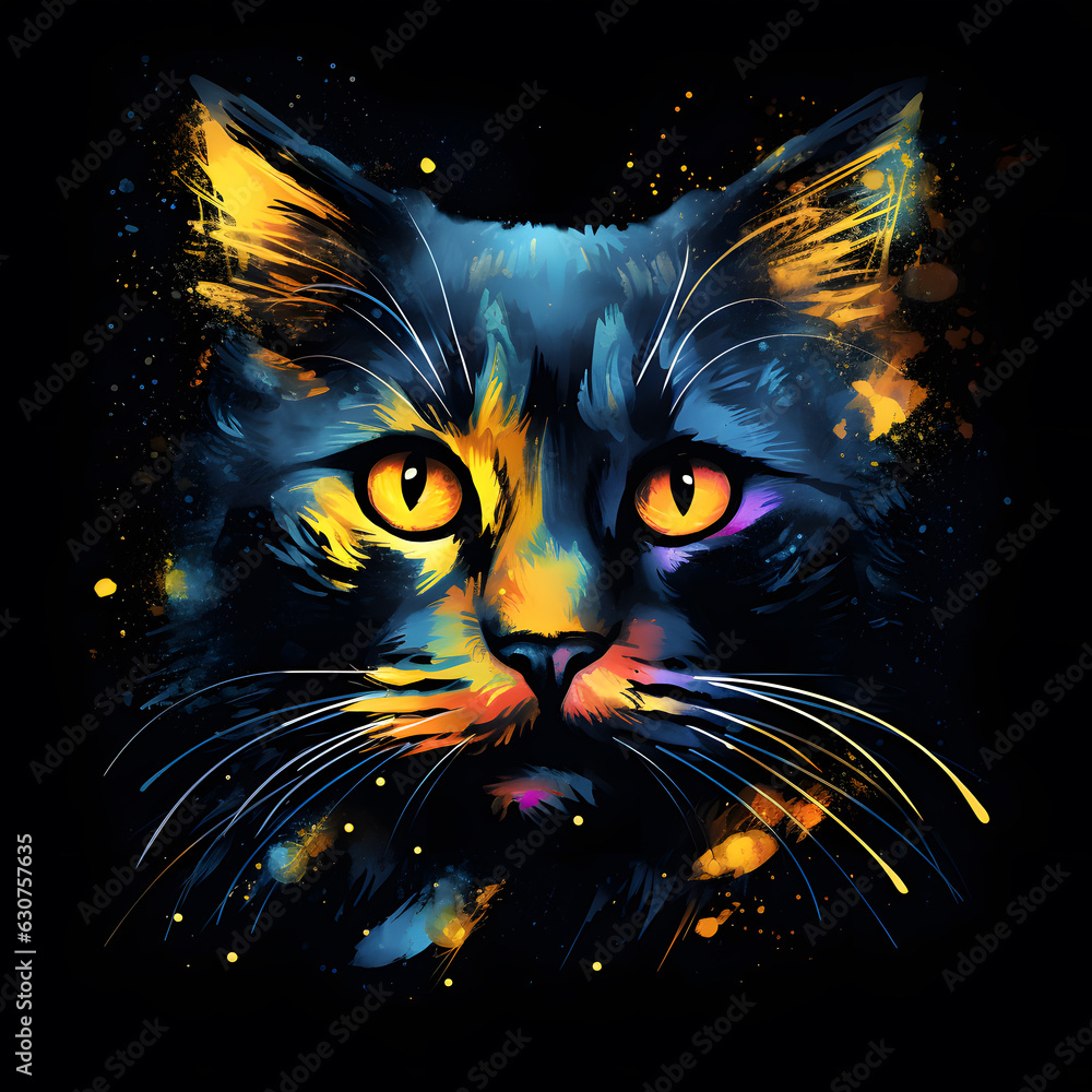 Vector art painting  portrait of cat with colorful colors isolated on black background created with Generative AI technology