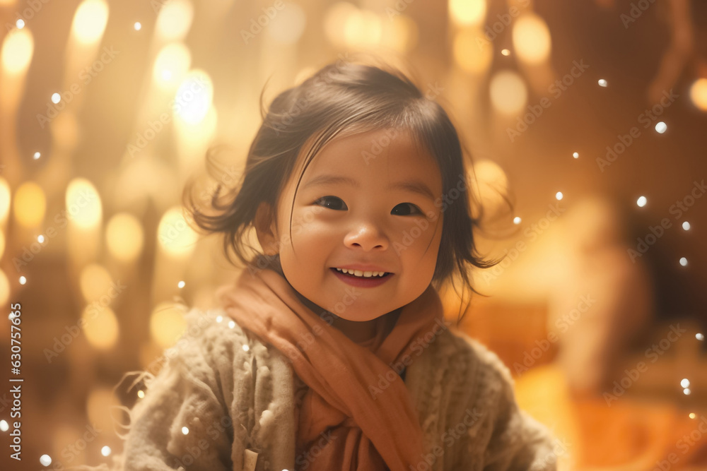 Portrait of cute Asian baby crawling on bed on the white blanket in bedroom. Portrait of smiling kid on white bed. Generative AI. Portrait of cute Asian baby crawling on bed on the white blanket in bedroom. Portrait of smiling kid on white bed. Generative AI.