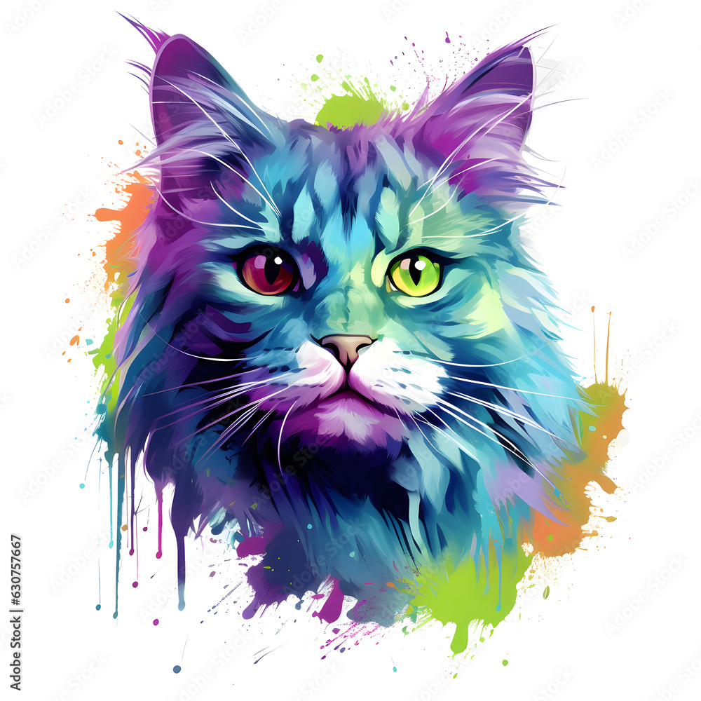 Vector art painting  portrait of cat with colorful colors isolated on white background created with Generative AI technology