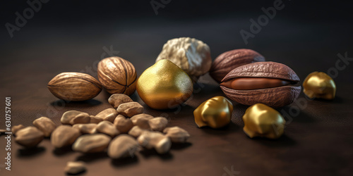 Mix of different kinds of nuts on on black background close-up shot. almonds, hazelnuts,cashews walnuts, brazil nuts. Top view. Copy space. Healthy food composition. Macro shot.Generative ai