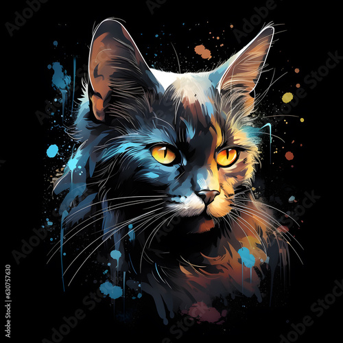 Vector art painting portrait of cat with colorful colors isolated on black background created with Generative AI technology