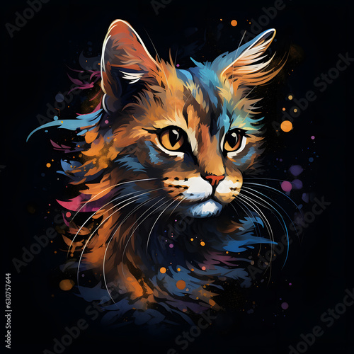 Vector art painting  portrait of cat with colorful colors isolated on black background created with Generative AI technology