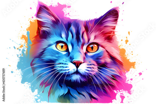 Vector art painting portrait of cat with colorful colors isolated on white background created with Generative AI technology
