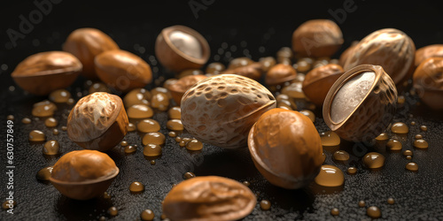 Mix of different kinds of nuts on on black background close-up shot.  pistachios. Top view. Copy space. Healthy food composition. Macro shot.Generative ai