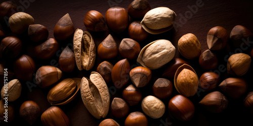 Mix of different kinds of nuts on on black background close-up shot. almonds  hazelnuts cashews walnuts  brazil nuts. Top view. Copy space. Healthy food composition. Macro shot.Generative ai