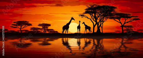 An African savannah landscape scene with safari animal silhouettes © waichi2013th