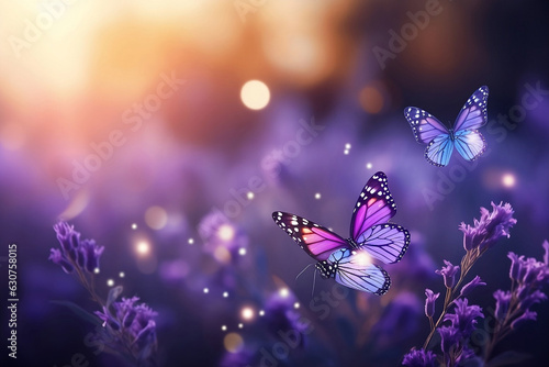 Photo Sunny summer nature background with fly butterfly and lavender flowers with sunlight and bokeh