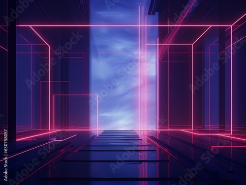 Abstract neon scene with geometric shapes. visualization AI