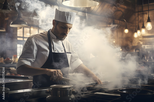 Man Chef cooking food in a large kitchen created with Generative AI technology