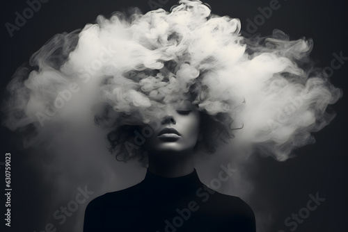 Girl’s head covered with cloud or smoke portrait art photo created with Generative AI technology